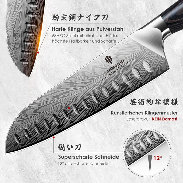 Ніж кухонний SANMEIHO Santoku 18 см з порошкової сталі, професійний шеф-ніж з пакавуд рукояттю
