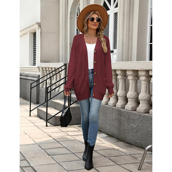 Жіноча в'язана жилетка Zeagoo з довгим рукавом, кардиган з ґудзиками, вільний V-подібний виріз, груба в'язка, повсякденна куртка для осені та зими (Бордовий, L)