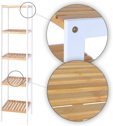 dibea Bathroom Shelf with 5 Shelves, Living Room Shelf, Standing Shelf, Bamboo Shelf, Bathroom Shelf, Book Shelf, Corner Shelf, Kitchen Shelf, 33x33x146 cm, natural/white