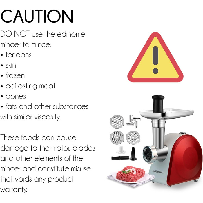 М'ясорубка електрична Edihome з насадкою для ковбас, мультифункціональна, 3 диски (Червоно-біла)