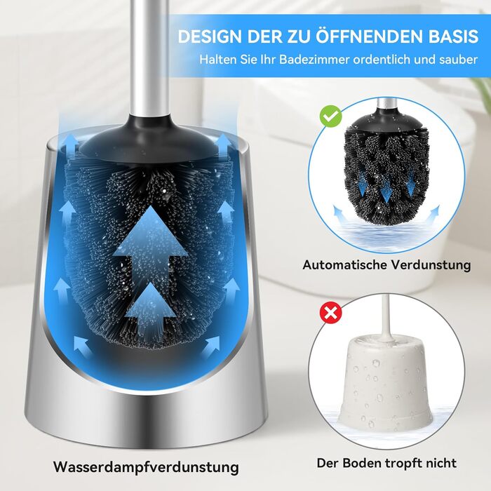 Торцева щітка для унітазу з нержавіючої сталі 304, довговічна та надійна, сучасний дизайн, змінний насадок, ідеальна для дому, офісу, готелю та квартири (геованізоване срібло), щітка з щетиною