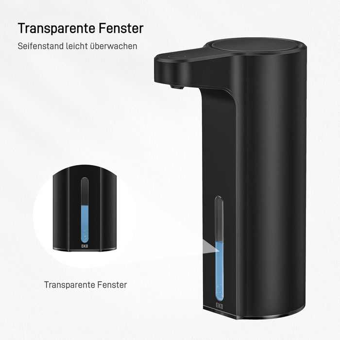 Automatic Soap Dispenser with Window - Infrared Sensor, 250ml, USB Rechargeable, Waterproof, Adjustable Dosage, Drip-Free, for Kitchen & Bathroom - Matte Black