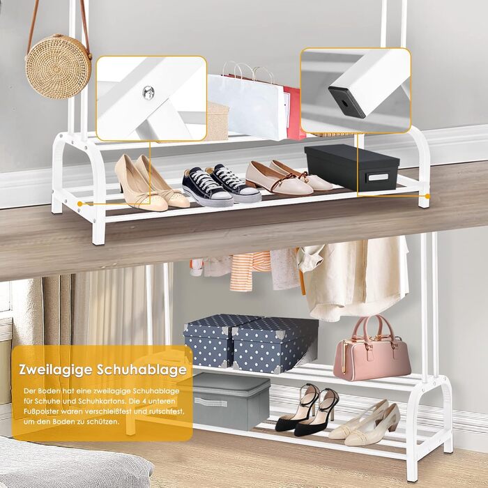 Стійка для одягу на підлозі з металу з полицею для взуття та нижньою полицею, для спальні. Металева стійка для одягу з подвійними вішалками (біла)