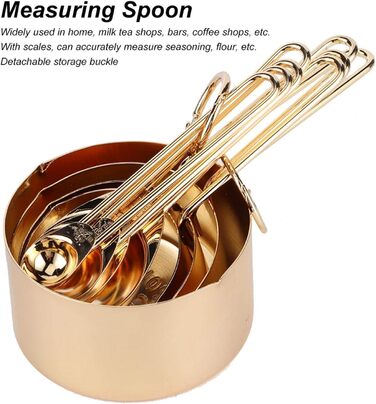 WAAZI 8-Piece Measuring Cup and Spoon Set, Stainless Steel Measuring Spoons with Buckle, Kitchen Baking Accessories for Milk-Tea Shops, Bars, Cafés, Kitchen Utensils (Color: Gold)