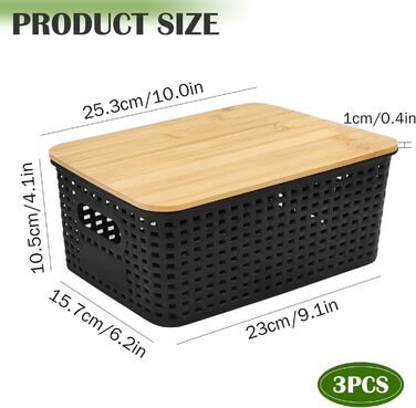 Storage Box with Bamboo Lid Small 3 Pack 5L Storage Box Bathroom Box with Lid Black Bathroom Organizer 25x18x10cm Plastic Box Kitchen Storage Boxes Baskets Containers Stackable Boxes