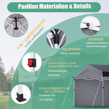 COBIZI Pavilion - Folding Pavilion - Waterproof, Stable, 275 cm Party Tent, UV Protection 50+, Folding Pavilion with Waffle Pattern for Camping, Beach, Family Gatherings (White) (Gray, 3x3m with 1 Side Walls)