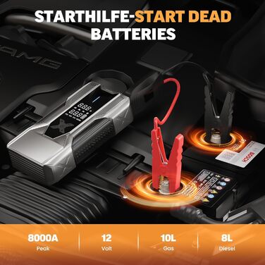 Powerbank для автомобіля 8000A Starthilfe, пусковий пристрій з компресором 150PSI, 26800mAh для бензинових та дизельних двигунів (до 12.0L), зарядний пристрій для акумулятора