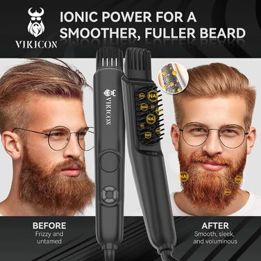 VIKICON 3-in-1 Beard Straightener Brush for Men - Professional Hair Comb & Volumizer with 4 Heat Settings (120-220°C) Iion Beard & Hair Straightening Brush for Home & Travel