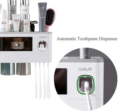 Automatic Toothpaste Dispenser Wall-Mounted with Space-Saving Toothbrush Holder for Bathroom, 2 Transparent Magnetic Cups, 6 Toothbrush Slots, 1 Cosmetic Organizer Drawer (Gray-4 Cups)