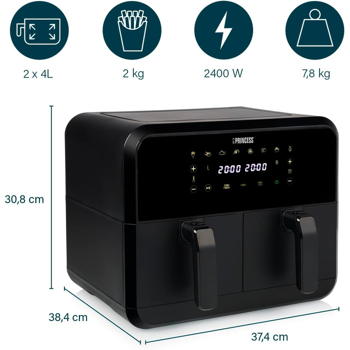Princess Double Chamber Air Fryer with 2x4L Capacity – 74% Less Energy Consumption – Separate Temperatures for 2 Compartments – 8 Programs – 182068, 2400 Watt, 38.4 x 37.4 x 30.8 cm Double 2x4L Chamber Air Fryer Black