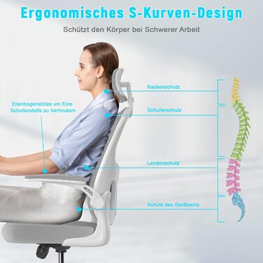 Офісний крісло Rattantree: ергономічне, з регульованою підголівником, підлокітниками та підтримкою попереку, регулювання висоти, дихаюча спинка, сіре