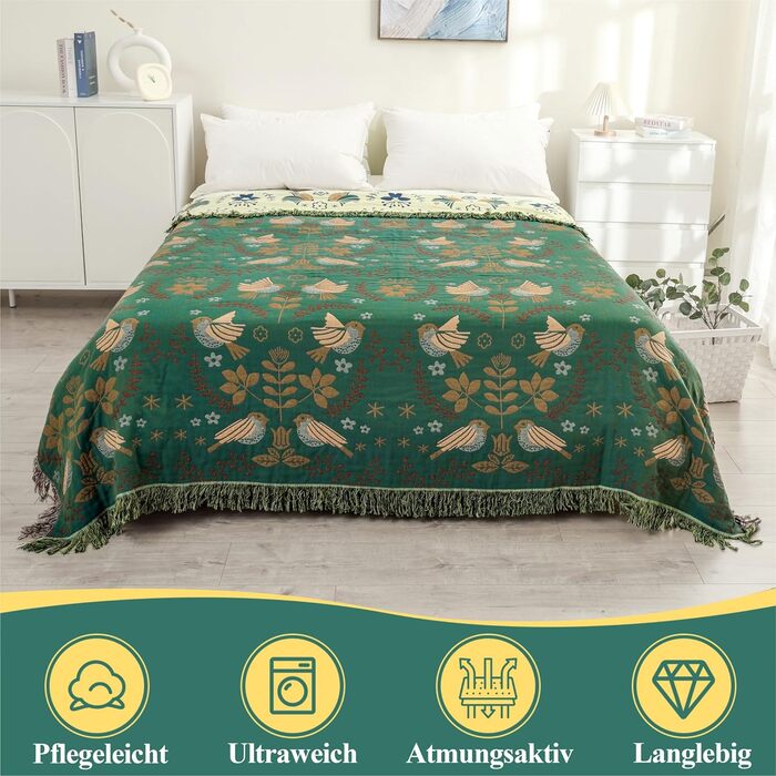 HOORDRY Boho Throw Blanket for Bed - 100% Cotton Ultra Soft Rustic Quilt - Bird Floral Printed Farmhouse Decor Bedspread, 200×230CM All Season Rustic Throw for Sofa Couch Chair Green Bird 200×230CM