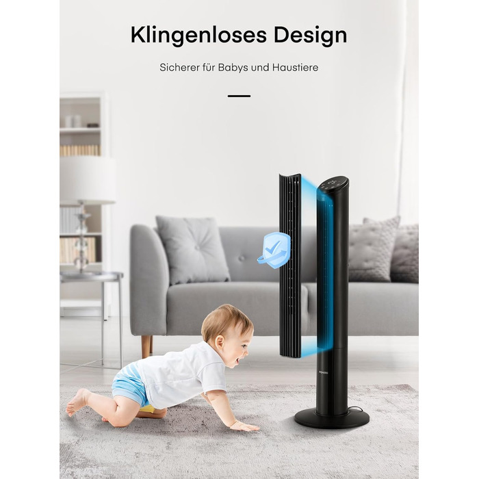 FOHERE Вентилятор Тур - Безшумний, 102 см, з пультом, 4 режими, 12 швидкостей, таймер 12 год, швидкість 7,6 м/с, для дому, спальні, офісу, чорний