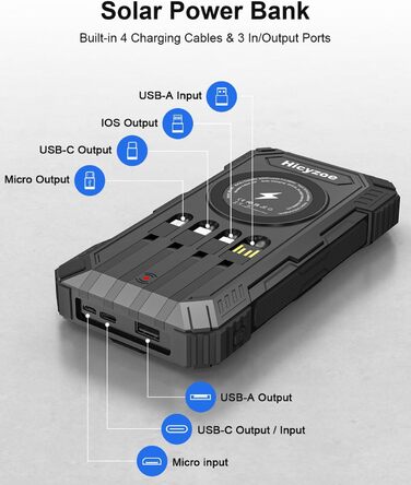 Сонячний повербанк 26800 mAh з 4 кабелями, швидка зарядка USB-C, Qi бездротова зарядка, LED ліхтарик – для телефонів, планшетів, кемпінгу (Чорний)