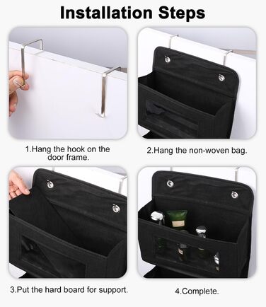 Настінна вішалка-органайзер на двері з 4 великими кишенями та прозорим вікном, 2 металеві гачки, чорний колір, для спальні, офісу, дитячої кімнати