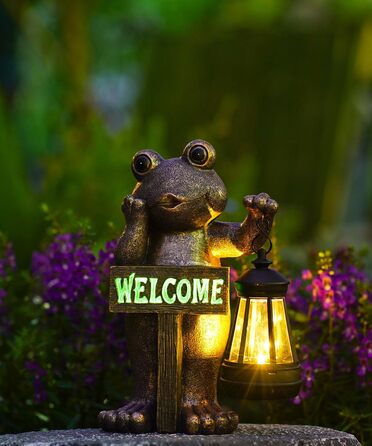 Goodeco Solar Garden Frog Decoration Stand with Welcome Sign - Outdoor Decoration for Terrace, Balcony, Yard, Lawn - Unique Housewarming Gift for Grandma and Grandpa, Gardening Enthusiast, Copper