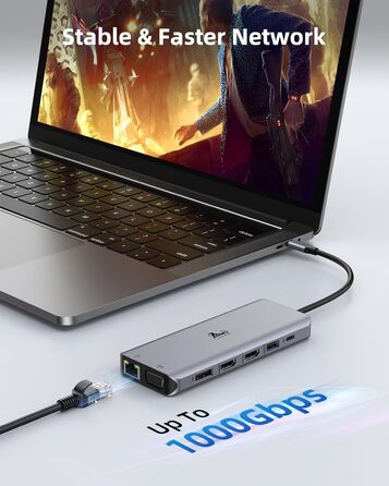 Док-станція USB-C для ноутбука з підтримкою 2 моніторів (Dual Monitor), 8 в 1: HDMI, DisplayPort, Ethernet, PD 100W, USB 3.0, сумісна з Dell, HP