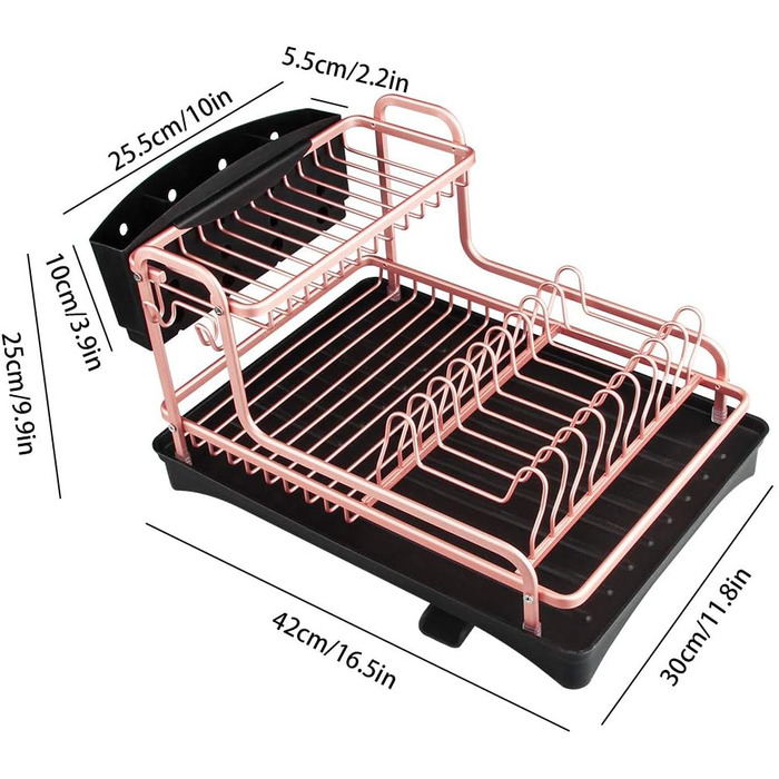 Стійка для сушіння посуду Tomorotec з алюмінію, 2 яруси, з піддоном та тримачем для столових приборів, матовий рожево-золотий