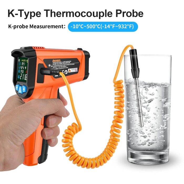 Інфрачервоний термометр MESTEK з лазерним цілевказівником та K-зондом (-50°C ~ 800°C) - безконтактний вимірювач температури з LCD дисплеєм, сигналом тривоги та регулюванням коефіцієнта випромінювання для кухні (Orange)