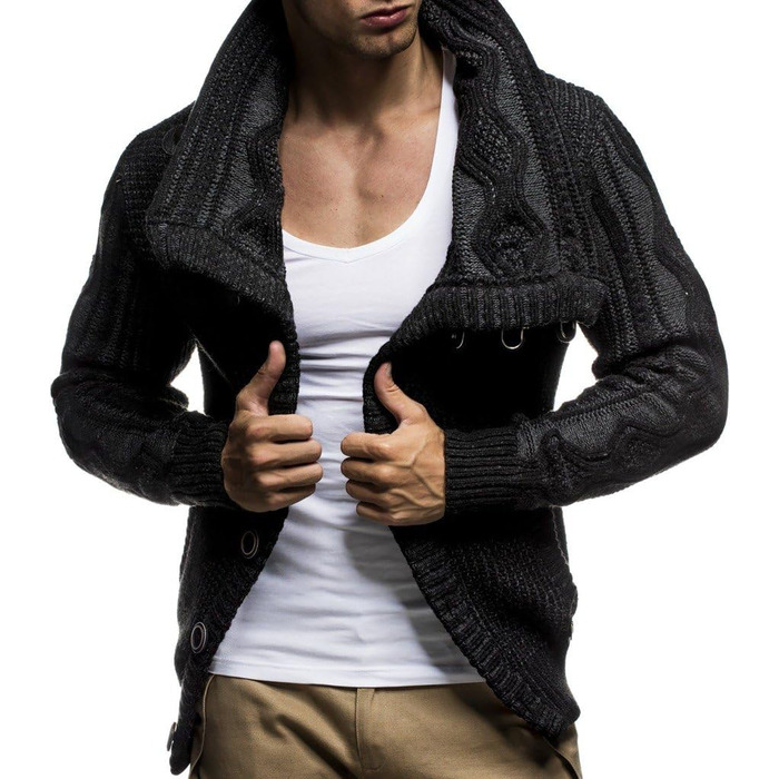 Чоловічий светр Leif Nelson з коміром-шарфом, Slim Fit, зимовий, повсякденний, велика в'язка, чорний, з капюшоном, Розмір: XL