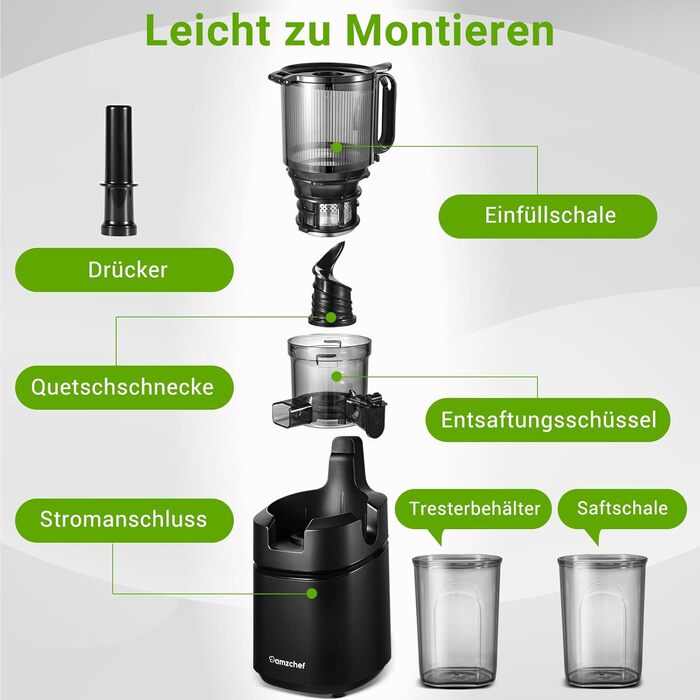 AMZCHEF Automatic All-in-One Juicer, 135MM Opening and 1.8L Juicer for Vegetables and Fruit, 250W Juicer Slow Juicer Test Winner with Triple Filter - Black