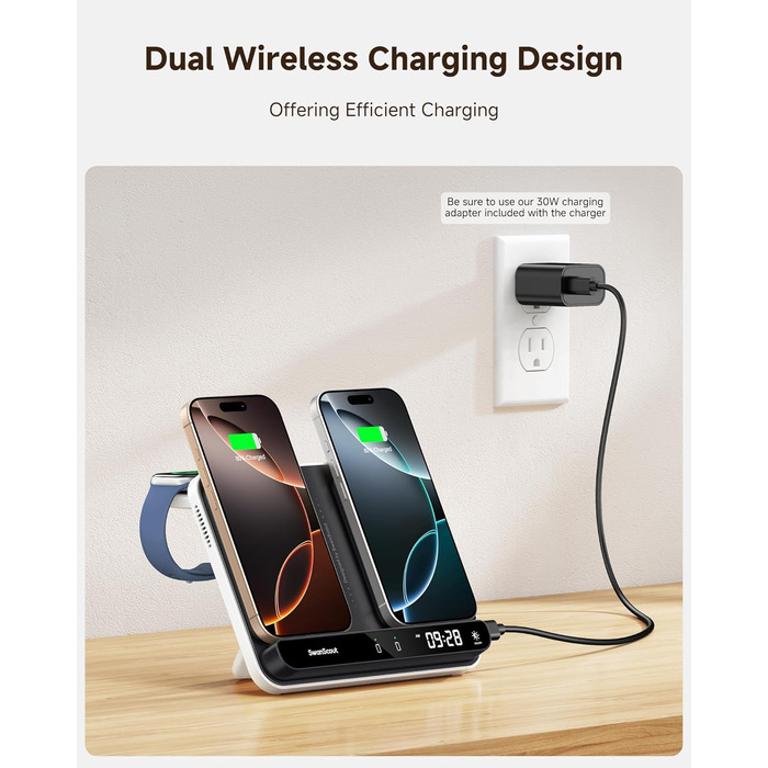 Зарядна станція SwanScout 710A для iPhone 17/Air/15/14/13/12/11 та Apple Watch/AirPods, бездротова зарядка 2 в 1