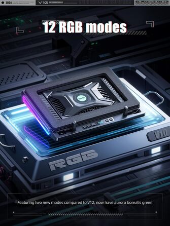 Підставка охолодження для ноутбука RGB з потужним вентилятором 4.72'', швидке охолодження для комп'ютерів 13-17,3'', керування клавішами, 3 регульовані підставки, 4-портовий USB C&A, чорний