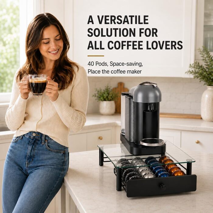 Підставка для капсул Nespresso Vertuo з міцного скла, чорна – для 40 капсул VertuoLine (Vertuo Next & Plus), економія місця