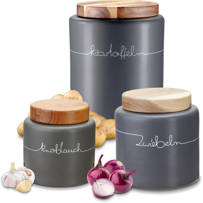 Набір контейнерів для зберігання KHG для кухні антрацитово-сірого кольору з дерев'яною кришкою, контейнери для продуктів з кераміки, стеінгуту, поліровані, з маркуванням, набір органайзерів для кухні, без пластику та світлонепроникні (набір для картоплі, 