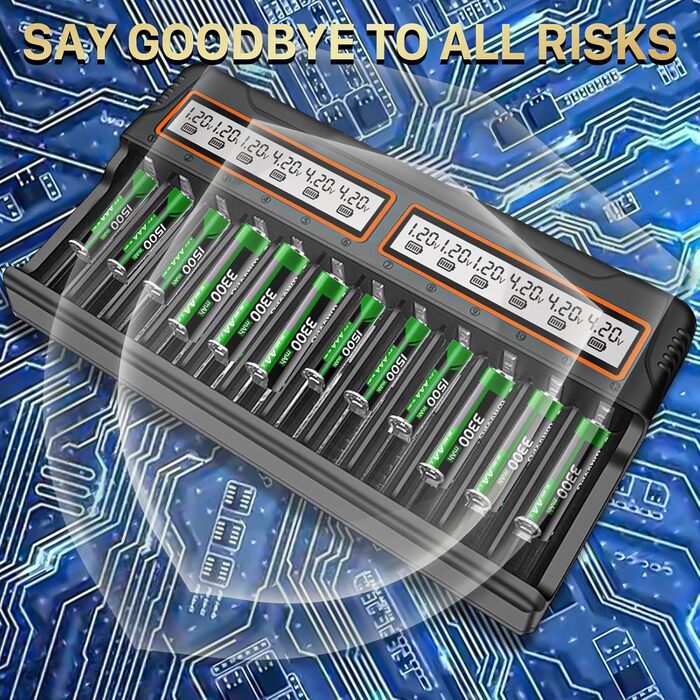 Зарядний пристрій для акумуляторів 18650, 12 слотів, LCD дисплей, універсальний, швидка зарядка, сумісний з 26650, 16340, 14500, 18350, 18500, AA, AAA (тільки зарядний пристрій)