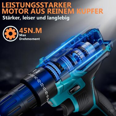 Акумуляторний шурупокрут-дрель 21V з акумулятором 4000mAh, 45Nm, 25+3 ступені, 2 швидкості, LED, 2 акумулятори 2.0Ah та зарядний пристрій, для дому та саду, DIY проєкти (Блакитний)