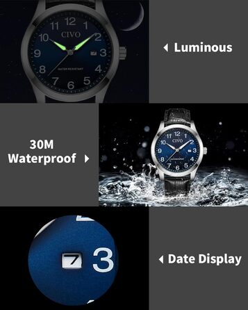 Годинник CIVO для чоловіків: аналоговий, великі цифри, водонепроникний, з датою, підходить для людей з поганим зором - ідеальний подарунок для чоловіків та людей похилого віку (чорний)