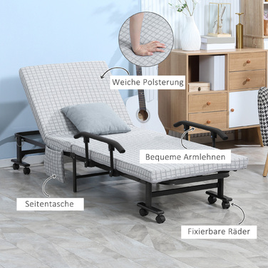 HOMCOM Folding Bed Guest Bed with Wheels and 5-Position Adjustable Backrest, Travel Bed with Steel Frame in Light Grey and Black, 190x76x33cm