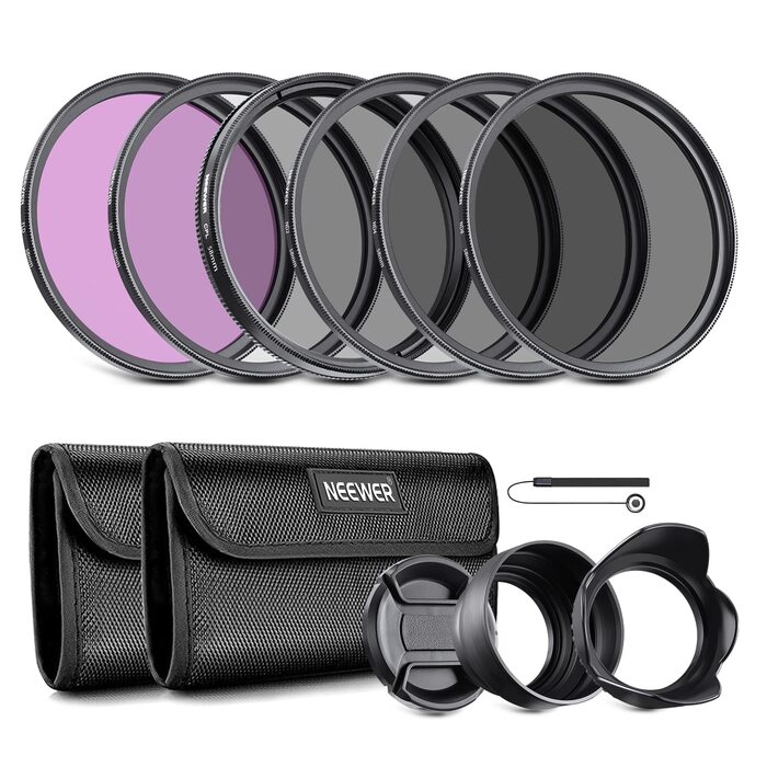 Набір фільтрів NEEWER 58mm: UV, CPL, FLD, ND2, ND4, ND8, бленда, кришка об'єктива. Сумісний з Canon, Nikon, Sony, Panasonic DSLR камерами