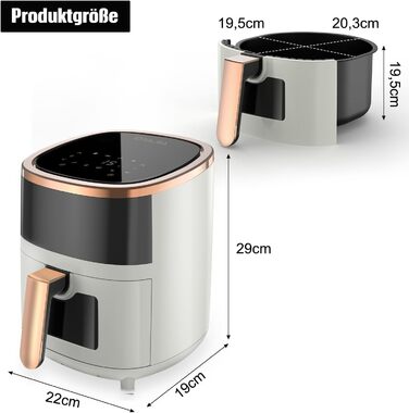 Фритюрниця повітряна 6L з 8 програмами, Rapid Air, сенсорний екран, вікно, 200°C, 1200W, для миття в посудомийній машині, без олії, гриль, випічка, смаження (білий)