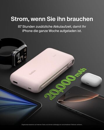 Повербанк Belkin Portable Powerbank 20000 mAh з вбудованим кабелем USB-C, швидка зарядка PD 30W для iPhone 16, iPad Pro, Samsung Galaxy S25, рожевий