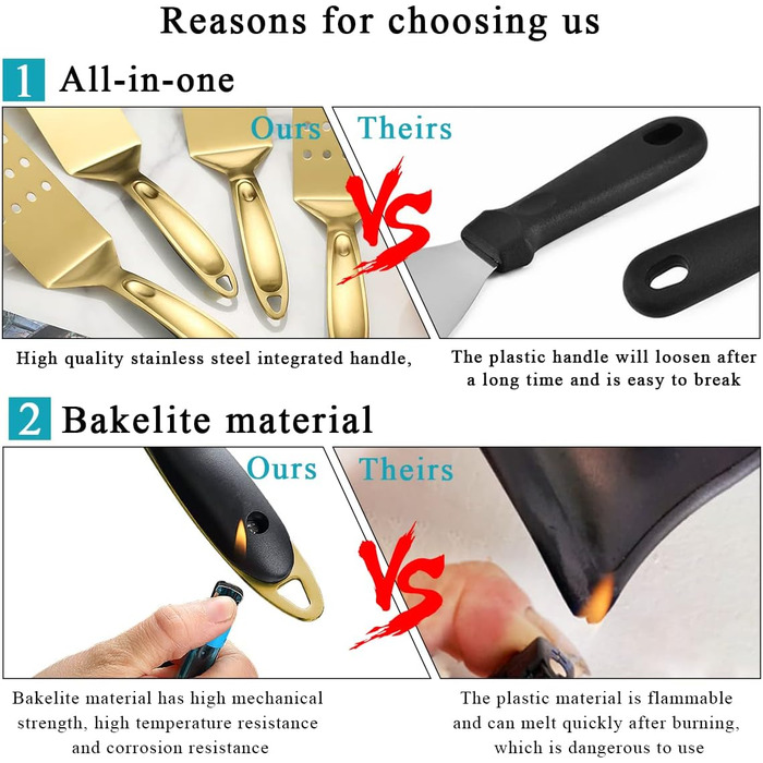 Набір аксесуарів для гриля Kyraton Gold Grill 9 шт. з титановою золотою обробкою, нержавіюча сталь з бакелітовими ручками, стійкий до високих температур, ідеальний для барбекю, тепаньякі та кемпінгу