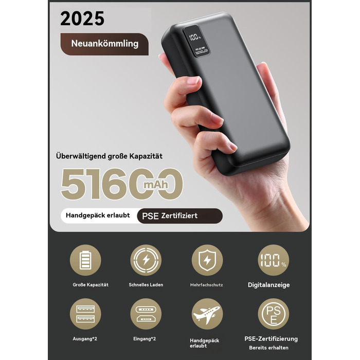 Портативний акумулятор великої ємності 50000mAh з PD22.5W, три виходи, два входи, LED-індикатор, сумісний з iPhone/Android, DCD-516