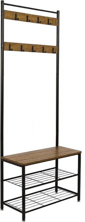 Mondeer Coat Rack, Shoe Rack with Coat Rack, 3 Shelves and 9 Detachable Hooks, Industrial Design, Metal and Wood Construction, 70 x 32 x 175 cm, for Entryway, Brown