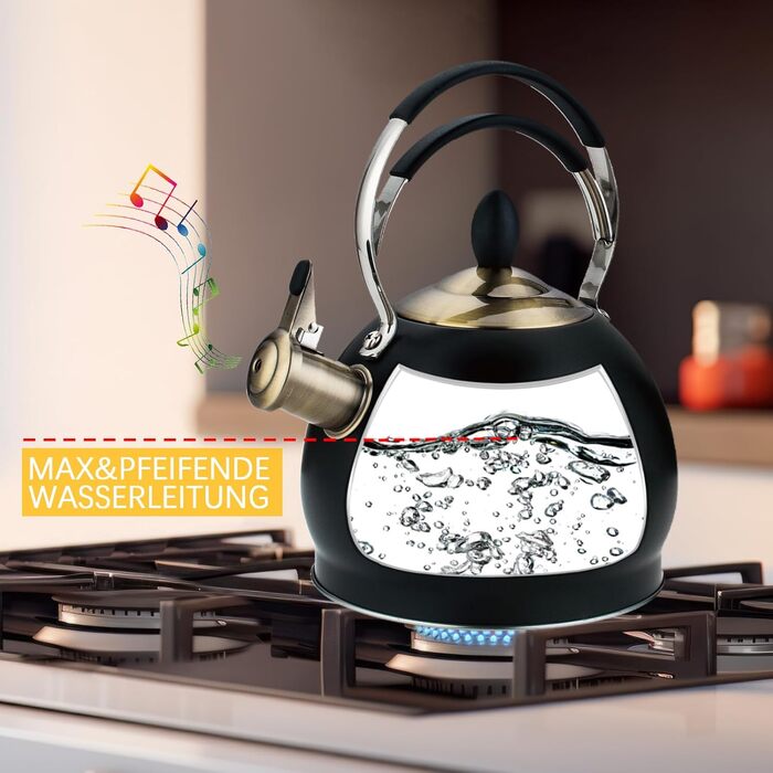 Півлітровий чайник-свисток з нержавіючої сталі з термостійкою ручкою, підходить для всіх типів плит, включаючи індукційну, чорний