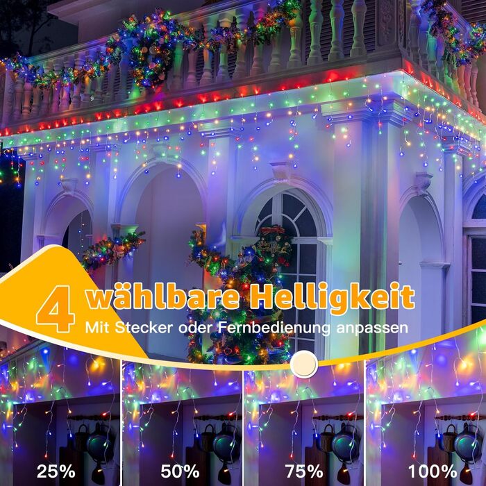 Ланцюжок прикрас з LED-підсвічуванням Ollny Eisregen, 15м, 600 LED, для зовнішнього використання, з пульт дистанційного керування, вологостійкий, 8 режимів, тепле біле світло, для балкона, даху, вікна, дому, огорожі (кольоровий)