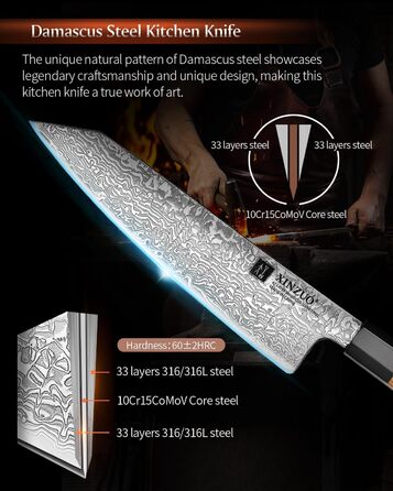 Японський ніж Kiritsuke XINZUO з дамаської сталі, 21.5 см, Gyuto, ручка з оливкового дерева та чорного рогу буйвола, ручна робота, з піхвою