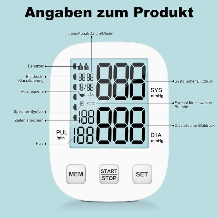 Цифровий тонометр на плече для дому, з регульованою манжетою та підсвічуванням дисплея (для людей похилого віку), білий