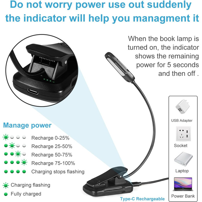 LED-лампа Diboniur для читання з кліпсою, 9 світлодіодів, 3 режими кольору та 3 рівні яскравості, USB-зарядка, гнучка на 360°, для книг в ліжку, енергоклас A+++