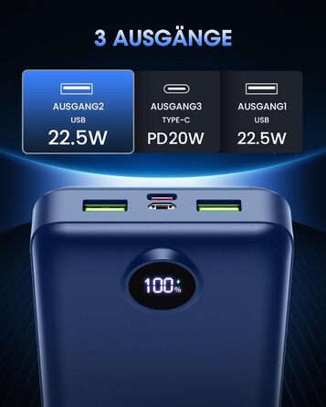 Power Bank 50000mAh з LED дисплеєм: Швидка зарядка 22.5W, 3 виходи USB та 2 входи, сумісний з iPhone, iPad, Android (Червоний)