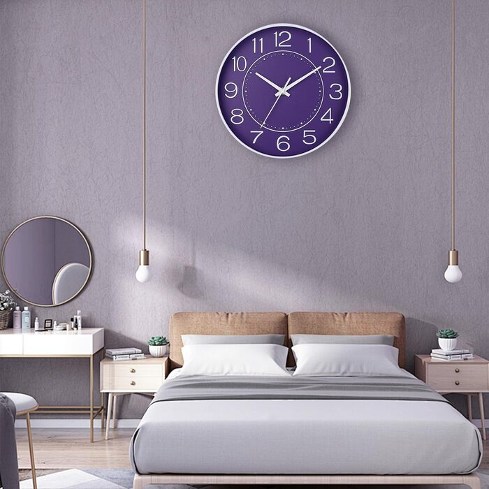 HZDHCLH Wall Clock Silent No Ticking 25 cm Easy-to-Read Clock for Kitchen, Living Room, Bedroom, Bathroom, Home Office (Purple)