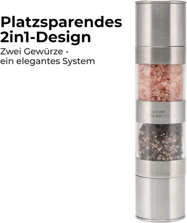 Мельниця для солі та перцю 2-в-1 з нержавіючої сталі | Ручна мельниця для спецій з керамічним жорном та регульованим ступенем помелу