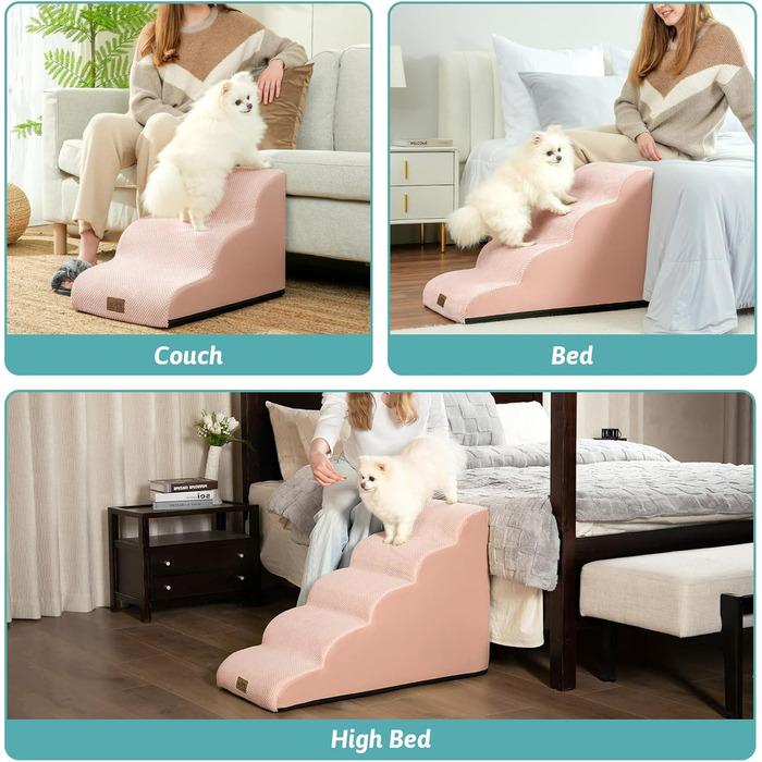 Сходинки для собак маленьких порід, сходи для домашніх тварин до дивану з високощільним губчастим наповнювачем, сходи для собак, пандус для собак з пральним чохлом та антиковзким дном (3), Рожевий, 3 сходинки (40x57x40 см)