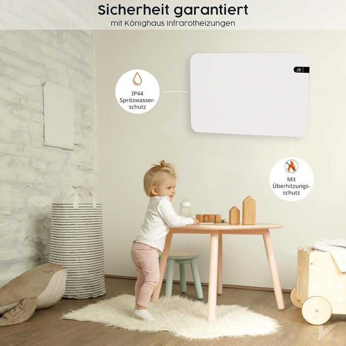 Обігрівач KönigsHaus 450W Smart Dual-Інфрачервоний V2 - підлоговий/настінний - керування через Wi-Fi, пульт - з тримачем для рушників, ніжки та кріплення - білий, з дисплеєм