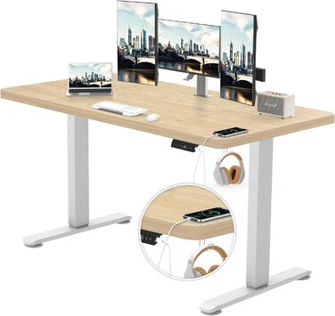 Електричний регульований стіл TRIUMPHKEY 140x70 см з USB, 3-позиційна пам’ять, антиколізійна система, стіл для комп’ютера, клен+білий
